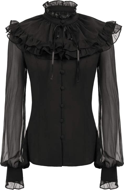 Scarlet Darkness Womens Victorian Lolita Shirts Ren Faire Ruffled Neck