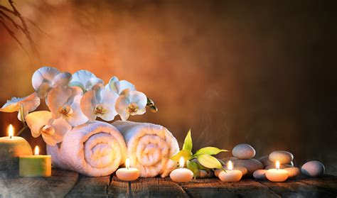 Spa Couple Towels With Candles And Orchid Stock Photo Download Image