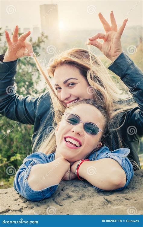 Best Friends Having Fun Outdoors Stock Photo Image Of Blonde Party