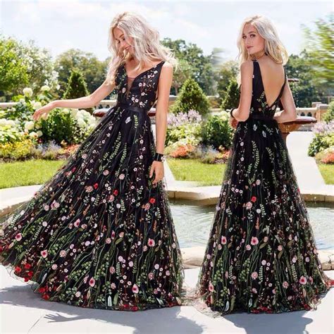 A Line V Neck Black Boho Long Formal Dresses Unique Floral Formal