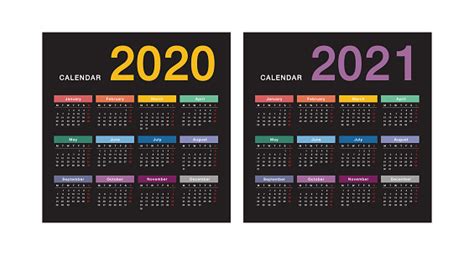 Yıl 2020 Ve Yıl 2021 Takvim Yatay Vektör Tasarım Şablonu Basit Ve Temiz