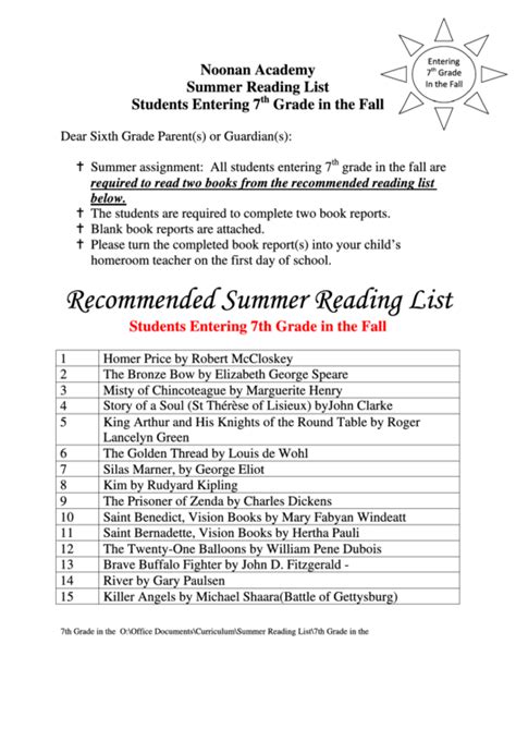 Summer Reading List And Book Report 7th Grade Printable Pdf Download