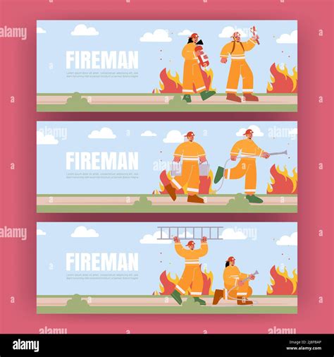 Fireman Posters With Fire Brigade With Extinguisher Water Hose