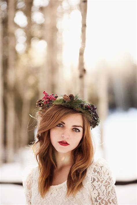 Winterfashion Fine Art Flower Crown Lace Dress Portrait Red Lips