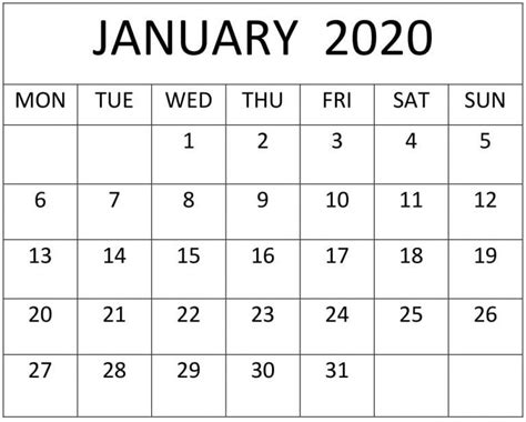 Print Blank Calendar January 2020 Excel Calendar Usa Free Printable