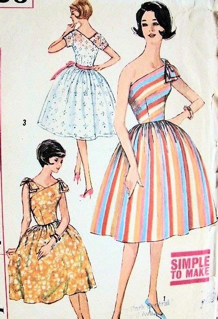 1960s Cocktail Party Dress Pattern One Shoulder 3 Versions Full Skirted Simplic Simplicity