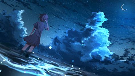 Wallpaper Girl Anime Wind Night Stars Art Hd Picture Image