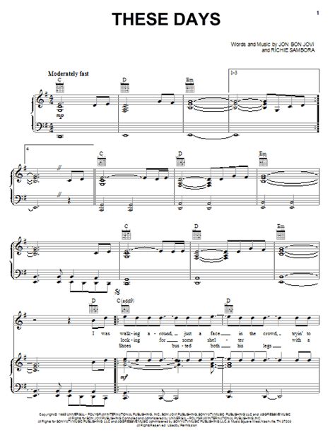 These Days Sheet Music Bon Jovi Piano Vocal And Guitar Chords Right