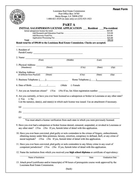 Fillable Part A Initial Salesperson License Application Form