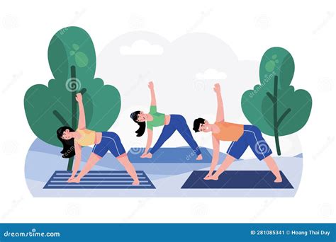 A Group Of Friends Gathers For A Morning Yoga Session In The Park Stock Vector Illustration Of