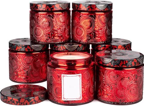 Embossed Shining Red Glass Candle Container With Lids And Labels 10 Oz Pack Of 9