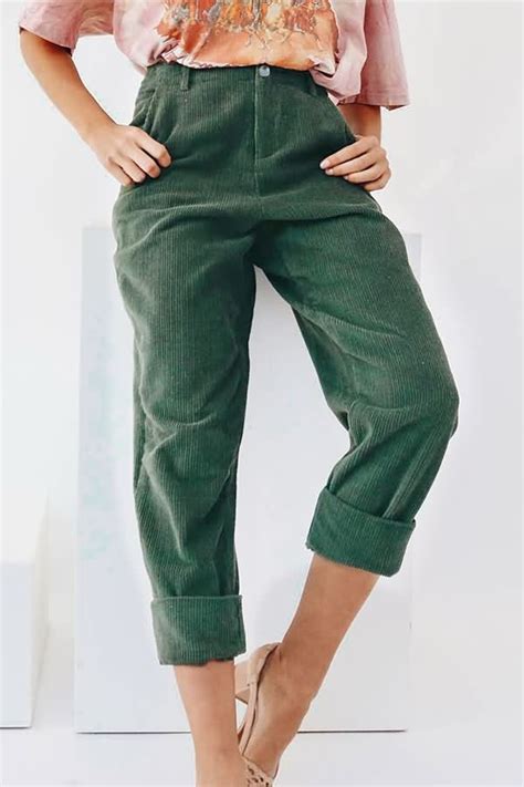 Green Corduroy Pocket Casual Trun Up Pants Green Pants Outfit