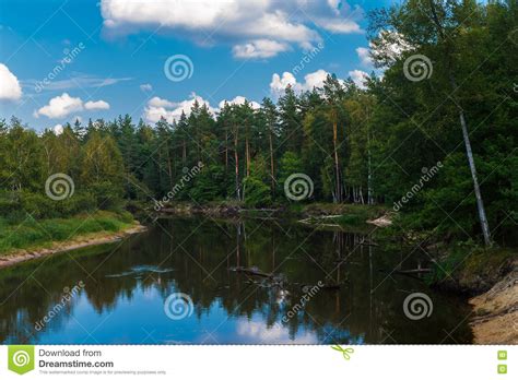Autumn Landscape The River Flows Through The Forest Blue Sky W Stock