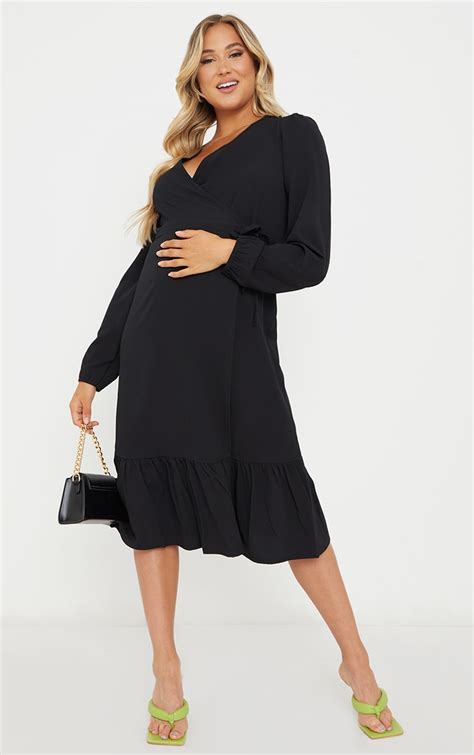 Maternity Black Wrap Midi Dress Maternity Prettylittlething Ie