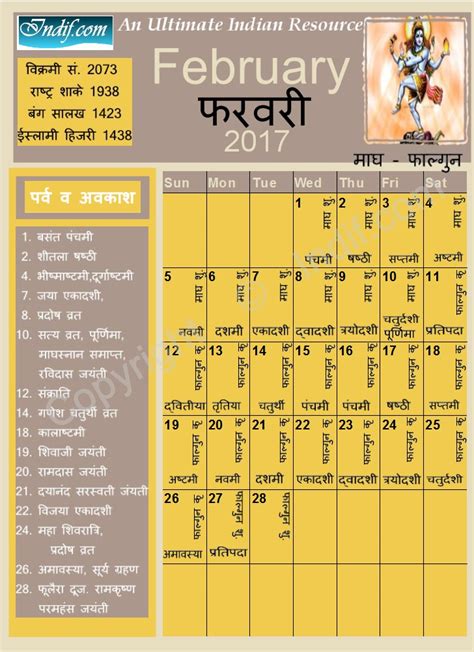 February 2017 Indian Calendar Hindu Calendar