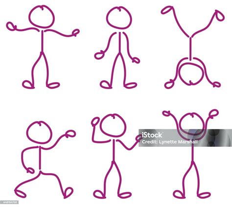 Drawn Stick Figures Stickmen With Various Poses In Bright Pink Stock