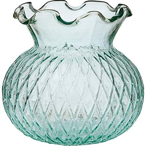 Luna Bazaar Vintage Glass Vase 4 Inch Daisy Short Ruffled Design Vintage Green Decorative