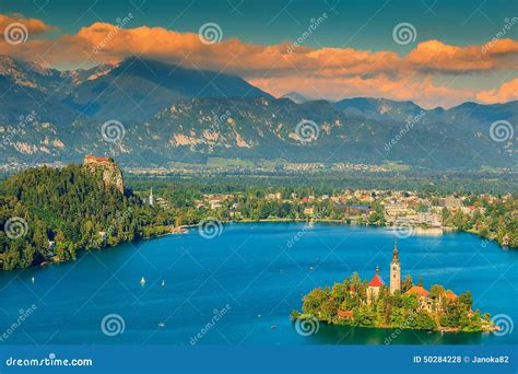 Colorful Clouds And Bled Lake Panoramasloveniaeurope Stock Photo