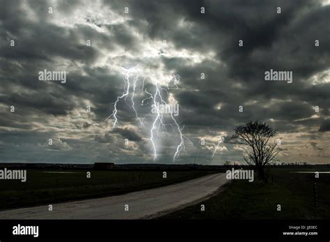 Lightning Storm Over Road Stock Photo Alamy