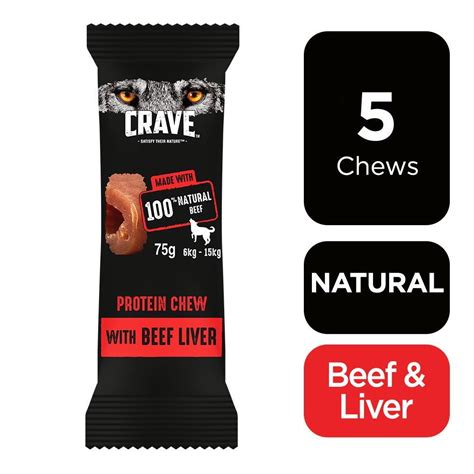 Crave dry dog food is made with fresh meat for a high protein recipe, which helps support strong and healthy muscles for your dog. 5 x 75g Crave Protein Chew Small Medium Natural Dog Treat ...