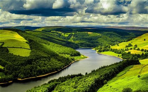 Wallpaper United Kingdom England River Trees Grass Clouds