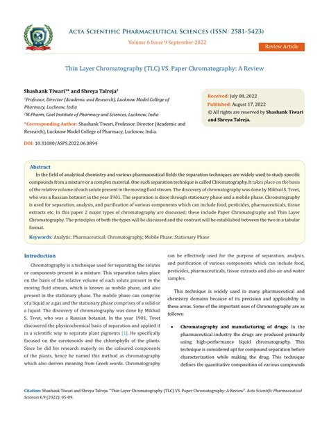 PDF Thin Layer Chromatography TLC VS Paper Chromatography A Review