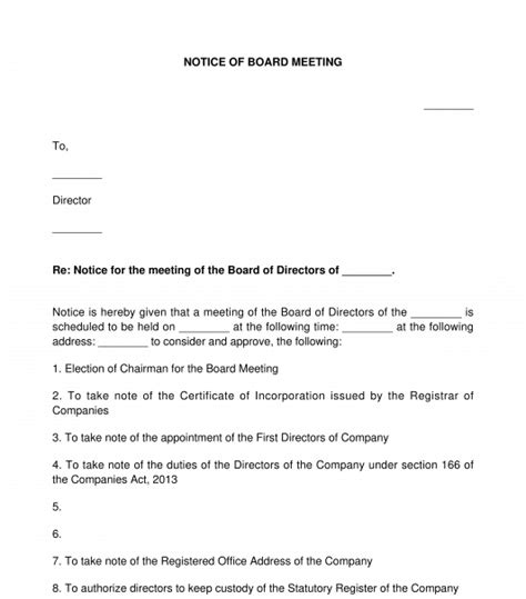 Notice For Board Meeting Of Directors Template