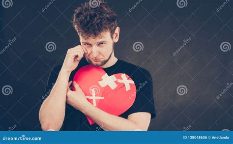Sad Man With Glued Heart By Plaster Stock Photo Image Of Separation