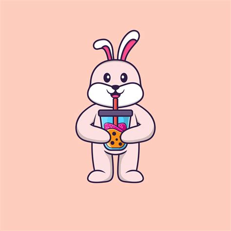 Cute Rabbit Drinking Boba Milk Tea Animal Cartoon Concept Isolated
