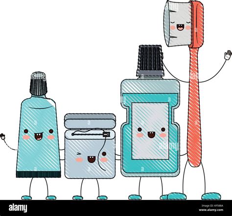 Toothpaste And Dental Floss And Mouthwash And Toothbrush In Cartoon Holding Hands In Colored