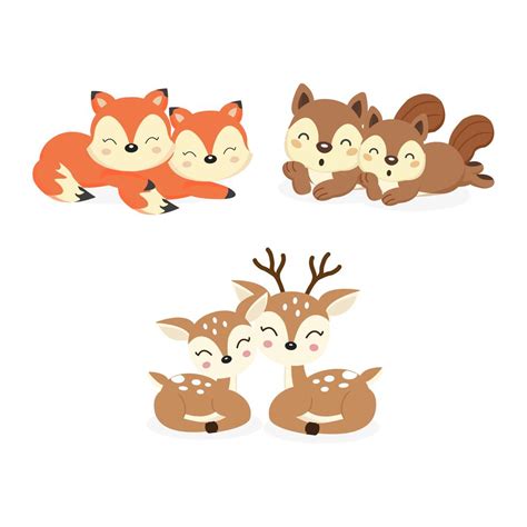 Set Of Cute Couple Woodland Animals Foxesdeersquirrels Cartoon