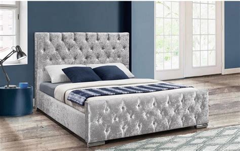 150cm Finsbury Bed Steel Crushed Velvet Beaumont Luxury Upholstered Diamante Grey Fabric Or