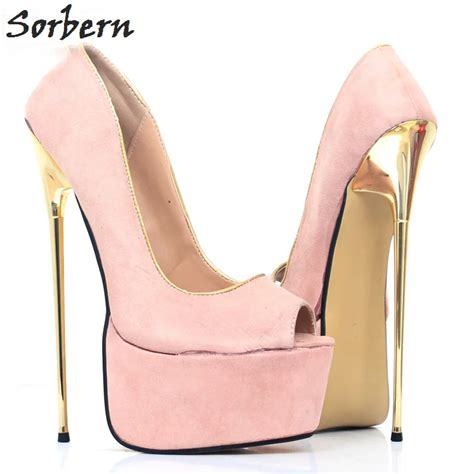 Sorbern Blush Pink Open Toe Women Pumps Super High Gold Metal Heeled Platform Soulier Femme