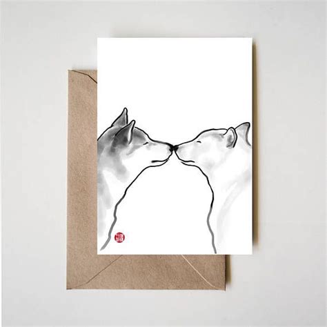 Shiba Inu Love Unique Sumi E Painting Card Ink Illustration Etsy