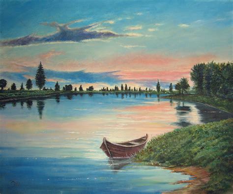 A Peaceful Painting A Small Boat On The Lake Do You Like It Original