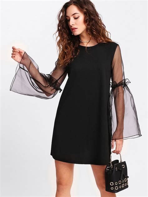 shein contrast mesh sleeve frilled detail dress womens shift dresses fashion elegant party