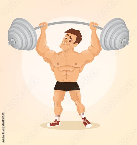 Smiling Happy Bodybuilder Man Character Lifts Barbell Vector Flat