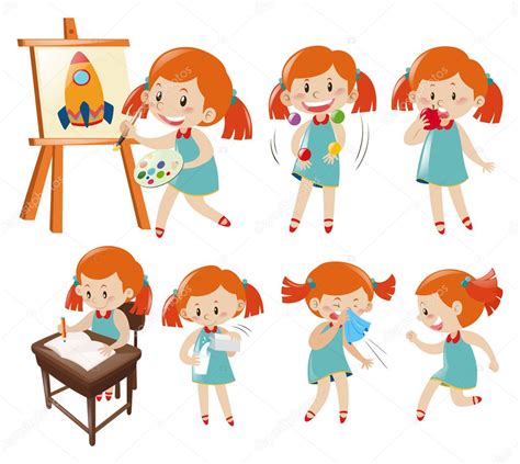 Different actions of little girl in blue — Stock Vector ...