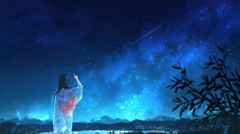 Anime Girl Kimono Night Sky Scenery 4k 62592