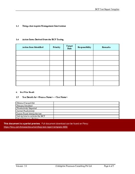 Bcp Test Report Template 5 Page Word Document Flevy