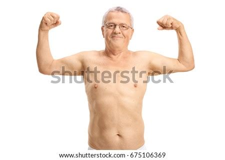 Shirtless Senior Man Gesturing Showing Body Stock Photo