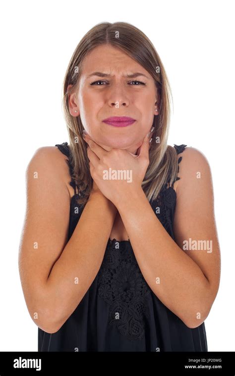 Picture Of Young Woman Having Sore Throat Holding Her Neck Checking