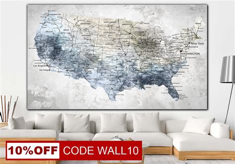 Large Wall Art United States Maps Travel Usa Map Canvas Home Etsy