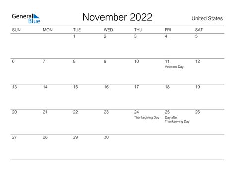 United States November 2022 Calendar With Holidays