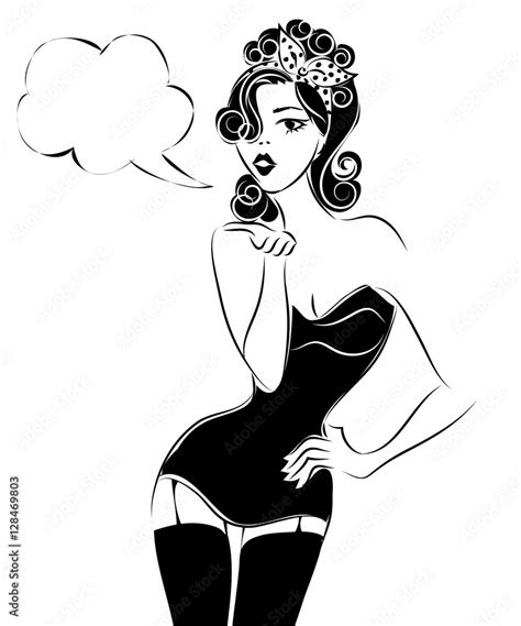 Sexy Pin Up Woman Sending An Air Kiss Black And White Vector