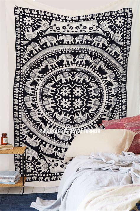 Black And White Fringed Elephant Mandala Tapestry Indian Bohemian