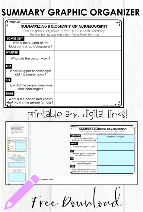 Summary Graphic Organizer For Biographies And Autobiographies Graphic