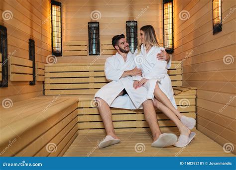 couple in bathrobes using sauna at spa resort stock image image of attractive people 168292181