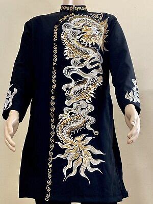 Black Ao Dai Nam Vietnamese Hand Painted Traditional Long Dress For Men