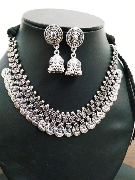 Oxidized Choker Necklace Set Indian Jewellery Set Coin Etsy Choker
